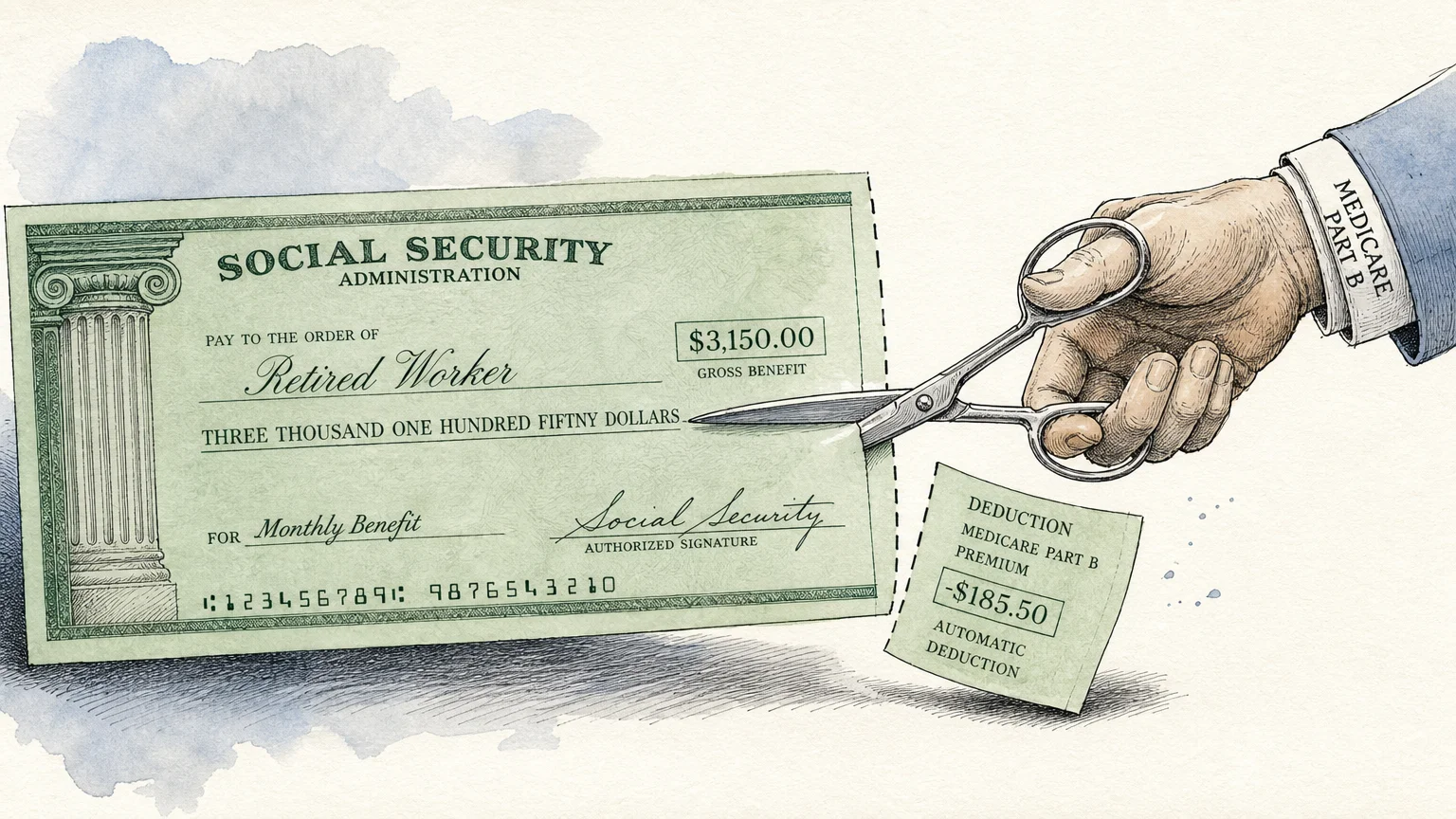 An ink and watercolor illustration showing a pair of scissors labeled Medicare Part B cutting a portion off a Social Security check.