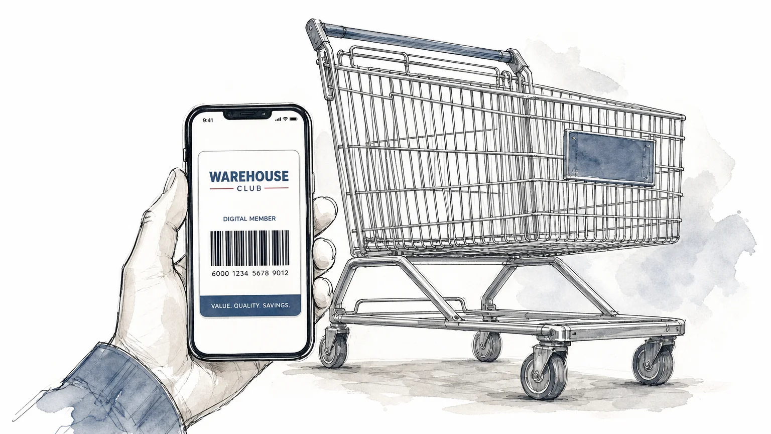 An ink illustration showing a smartphone with a digital membership card next to a large sketch of an empty metal shopping cart.