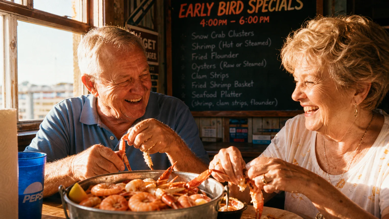 An older couple laughs over a bucket of fresh seafood inside a sunlit restaurant with an early-bird specials sign.