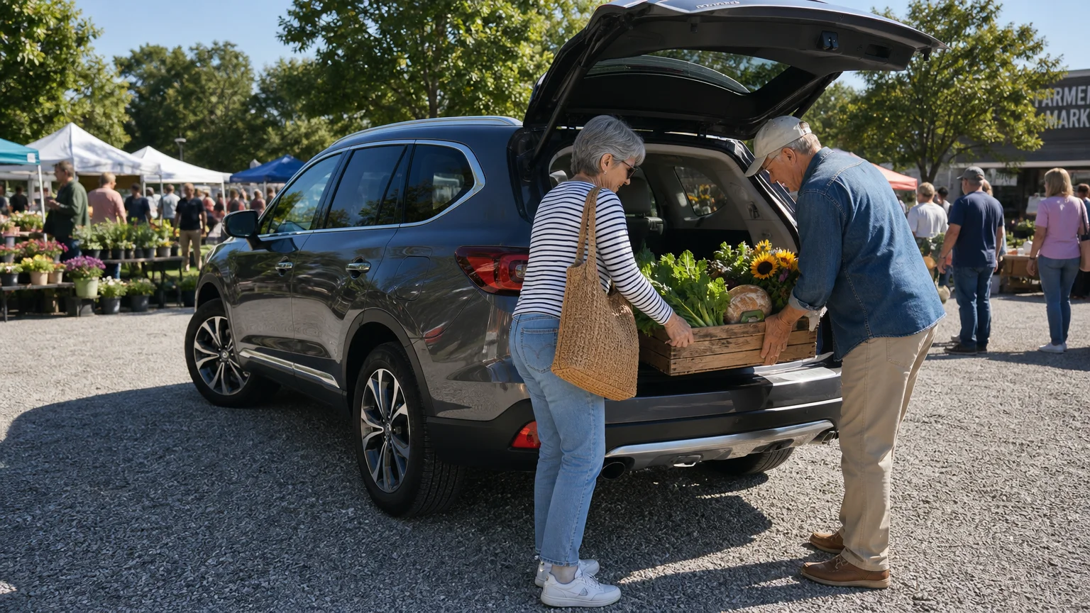 An older couple packing fresh local produce and flowers into the cargo area of a mid-size SUV at a sunny farmers' market.