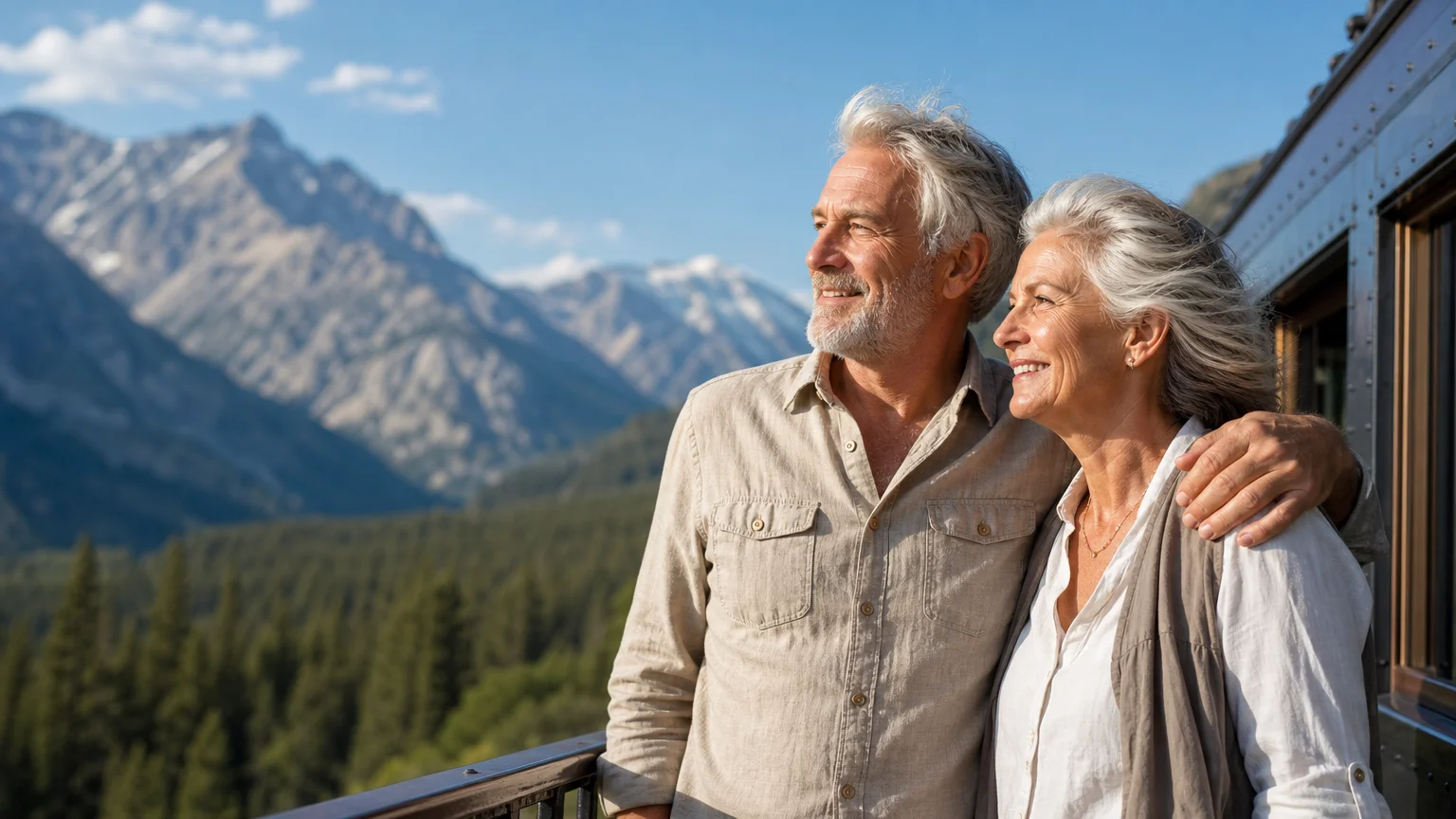 An older couple smiles warmly while looking at mountains from the viewing deck of a train.