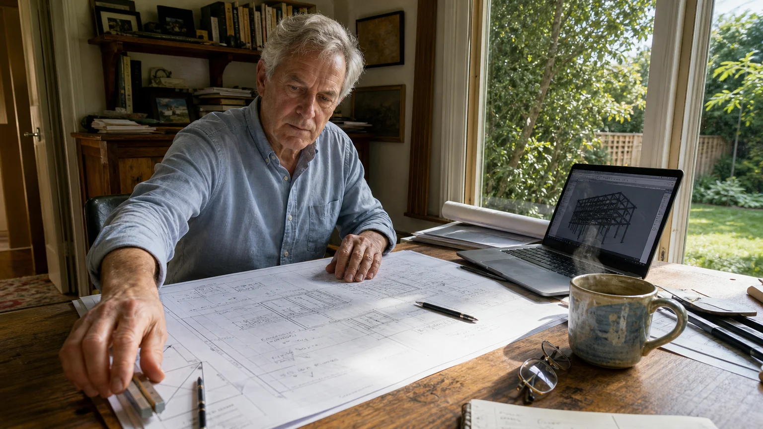 An older engineer in a casual shirt reviews blueprints at a sunlit home office desk next to a laptop and coffee mug.