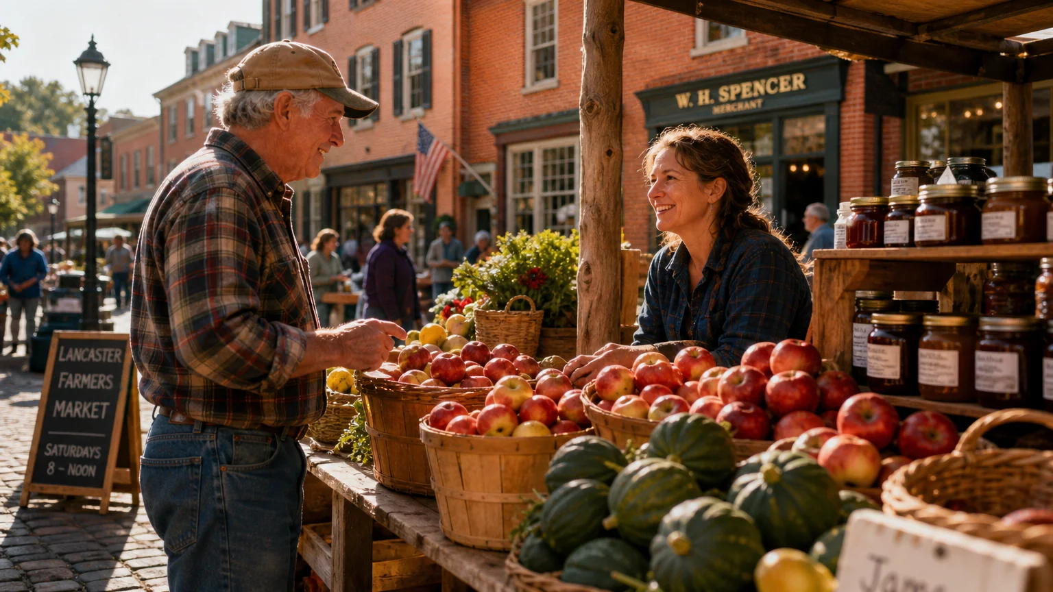 An older man chatting with a vendor at a bustling historic farmers market in Carlisle, Pennsylvania.