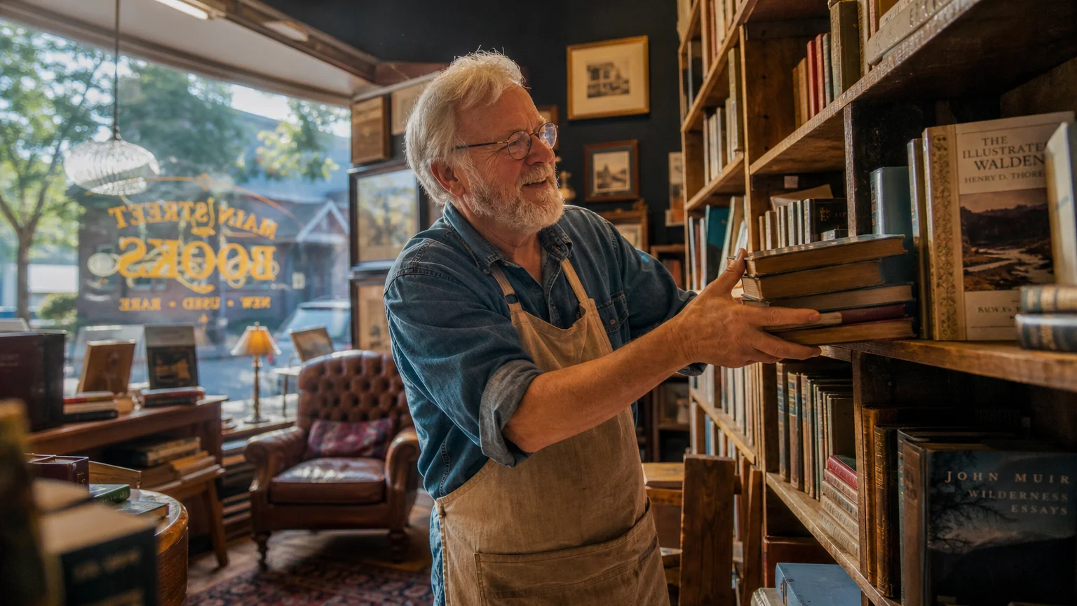 An older man in a denim shirt and apron shelves books in a warm, sun-drenched neighborhood bookstore, working freely.