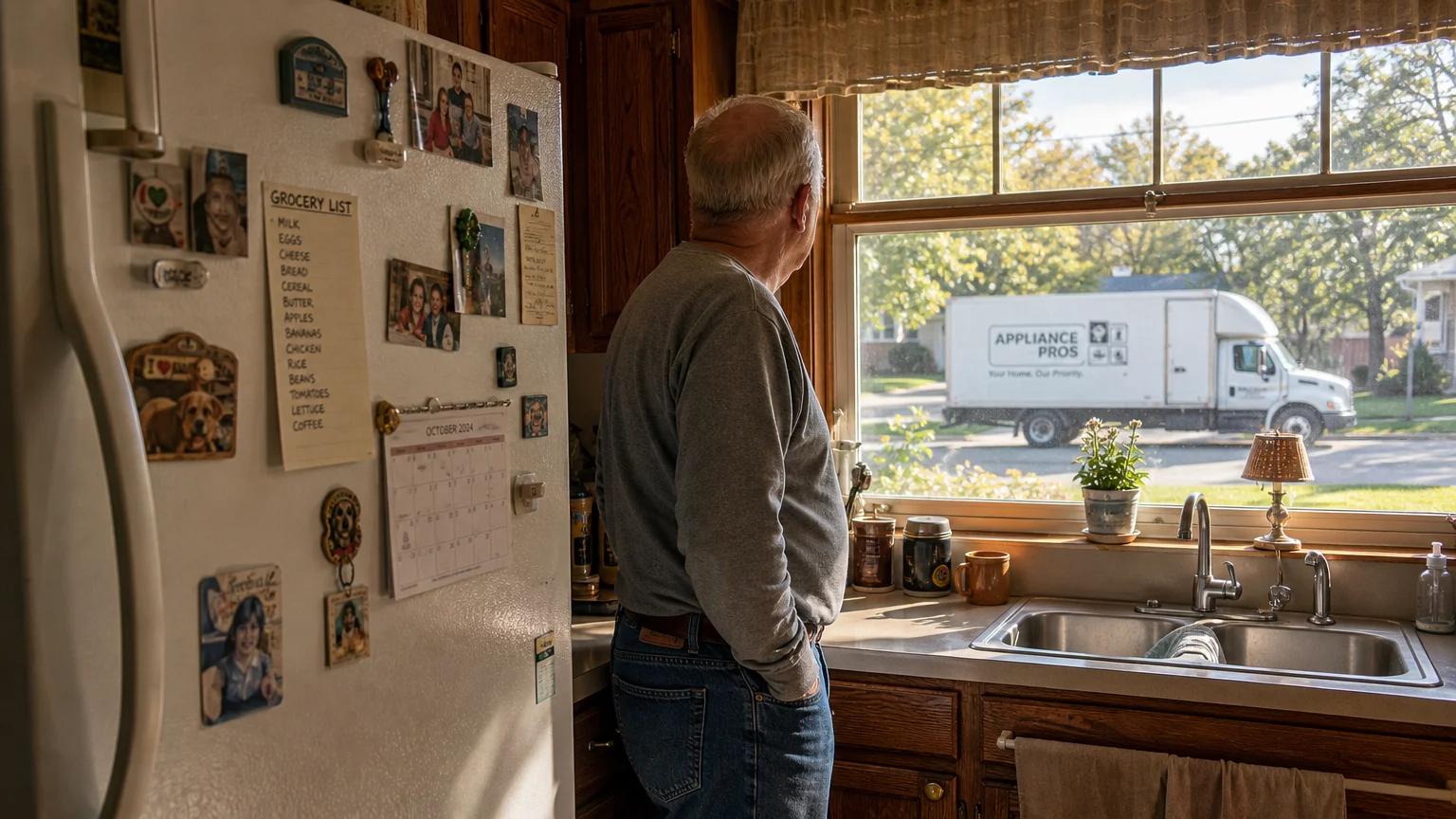 An older man in a kitchen looks out the window at a delivery truck, with an older white refrigerator in the foreground.