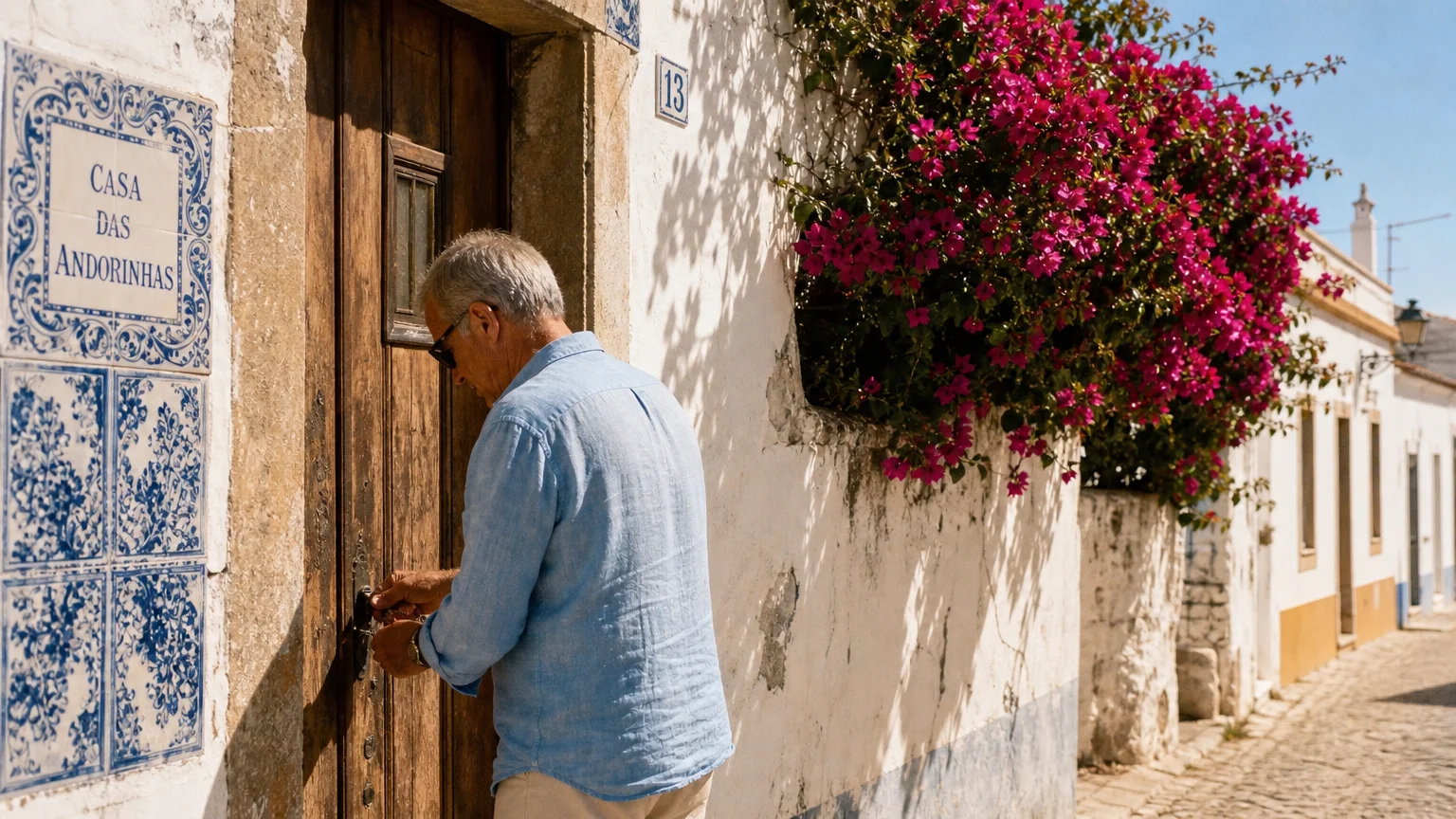An older man unlocks a white-washed cottage door decorated with blue ceramic tiles and pink flowers in Tavira, Portugal.