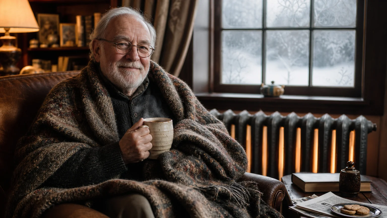 An older man wrapped in a blanket enjoying a warm drink in a cozy heated living room during winter.