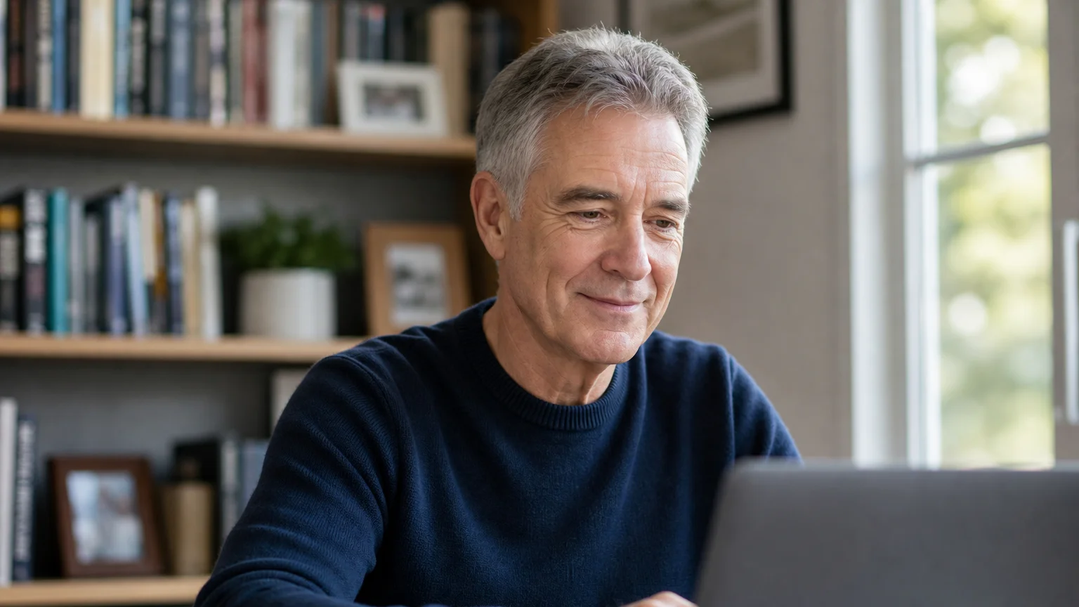 An older professional man works happily on his laptop in a bright, modern, and comfortable home office environment.