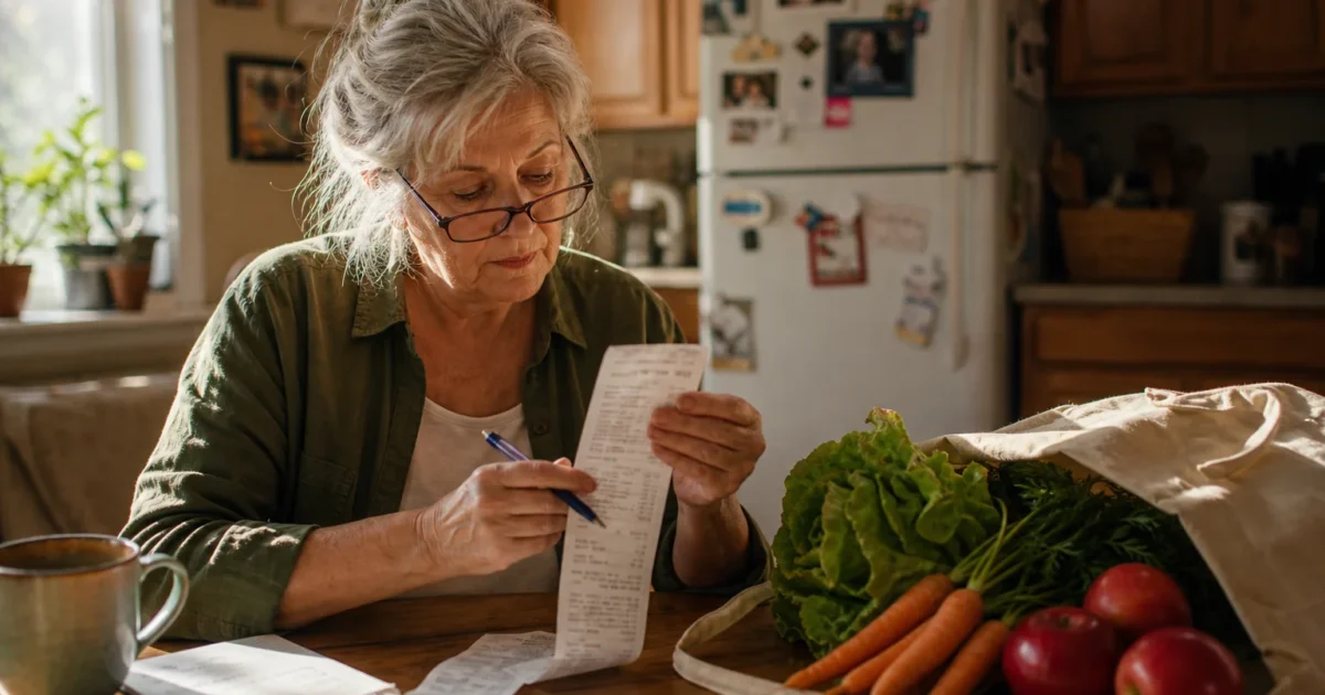 An older woman at a kitchen table reviews a grocery receipt next to a bag of fresh, whole produce, under warm natural light.