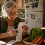 An older woman at a kitchen table reviews a grocery receipt next to a bag of fresh, whole produce, under warm natural light.