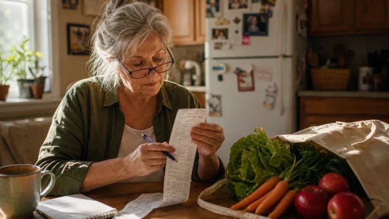 An older woman at a kitchen table reviews a grocery receipt next to a bag of fresh, whole produce, under warm natural light.