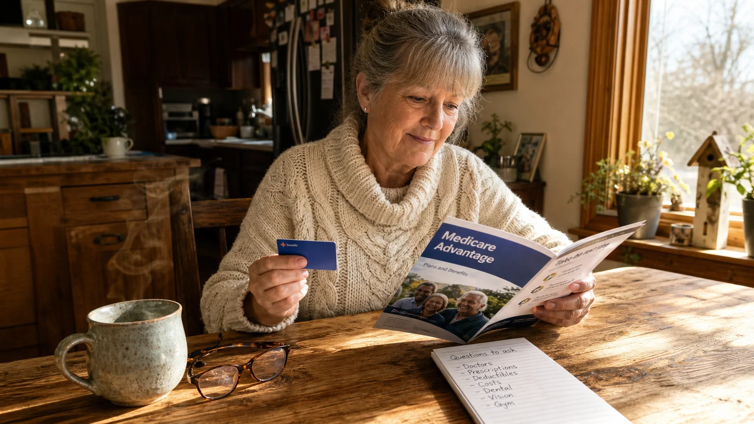 An older woman at a wooden kitchen table reviewing her Medicare Advantage plan brochure next to a blue benefit card.