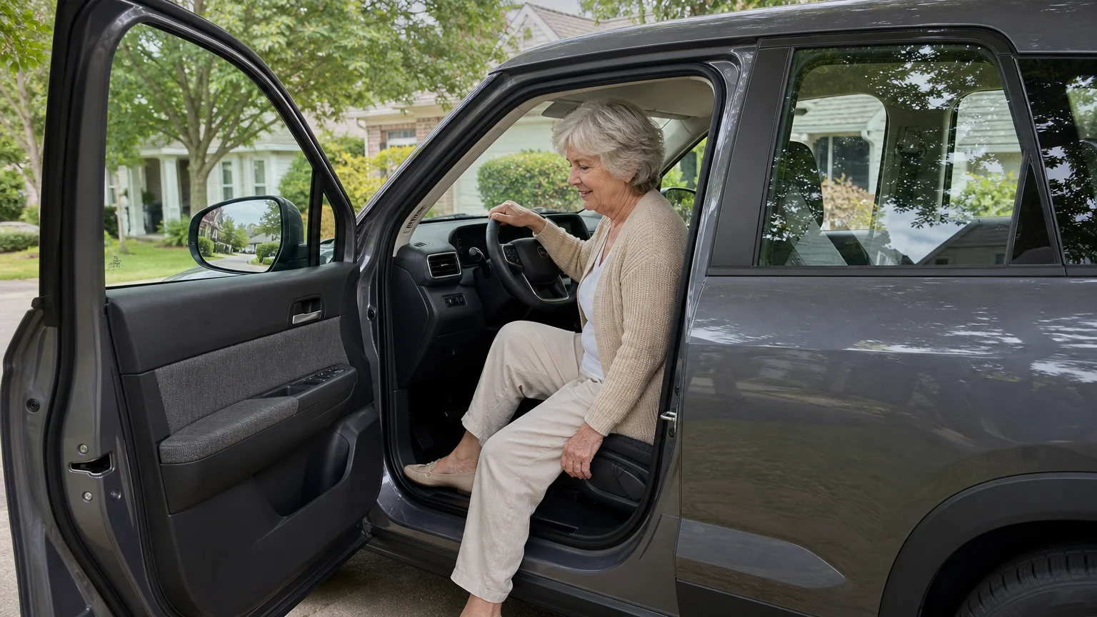 An older woman easily stepping into the driver's seat of a compact SUV, showcasing ergonomic entry and high-visibility windows.