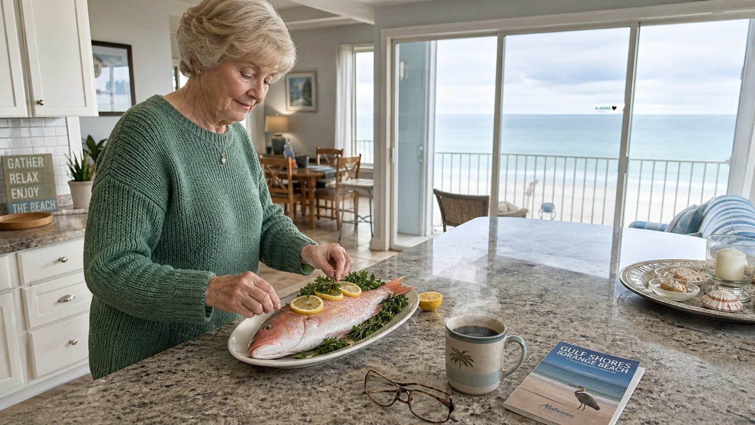 An older woman prepares fresh fish in a bright beachfront kitchen overlooking the white sand beach of Gulf Shores.