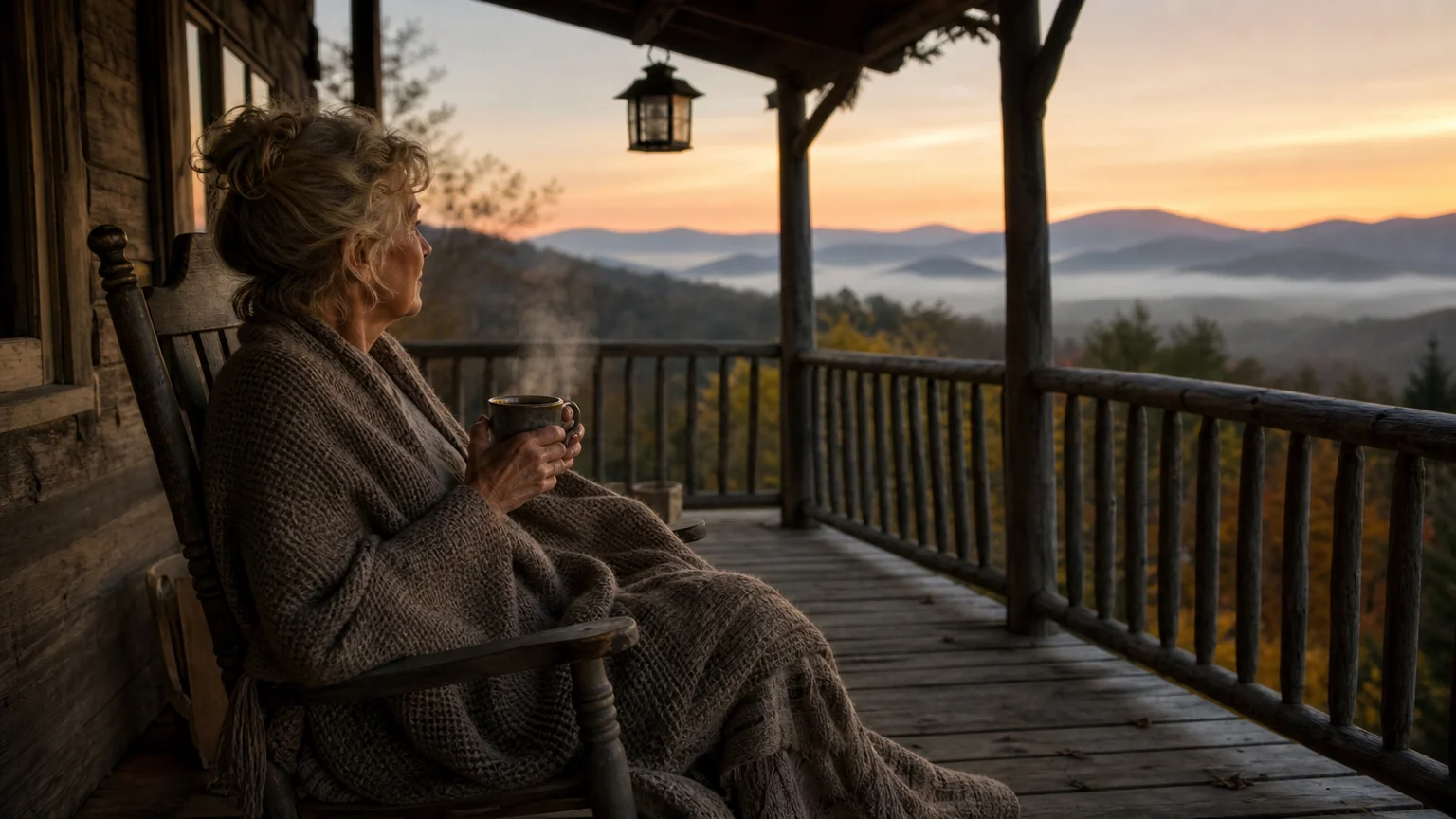 An older woman relaxing on a wooden porch looking out at the misty Blue Ridge Mountains in the morning.