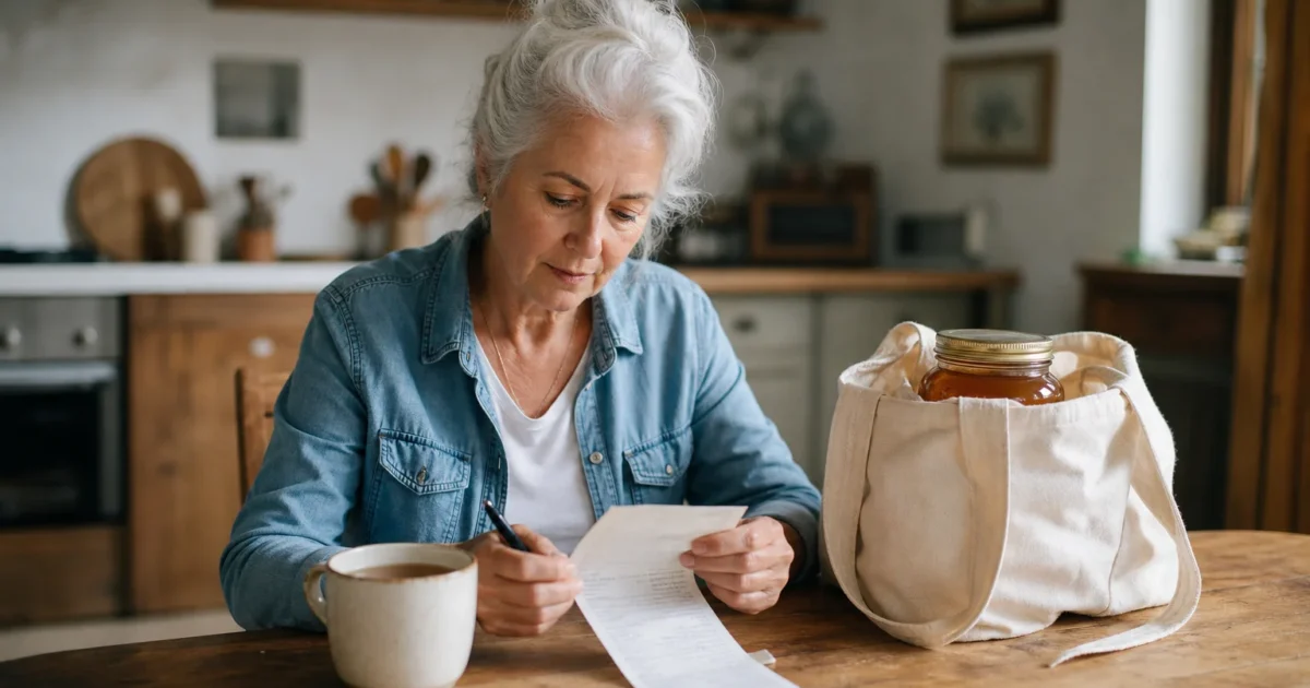An older woman sits at her wooden kitchen table, reviewing a store receipt next to a reusable shopping bag in warm morning light.