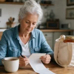 An older woman sits at her wooden kitchen table, reviewing a store receipt next to a reusable shopping bag in warm morning light.