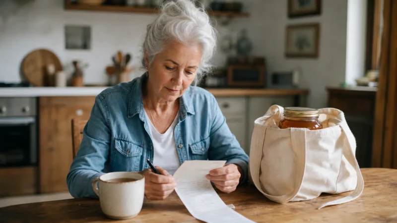 An older woman sits at her wooden kitchen table, reviewing a store receipt next to a reusable shopping bag in warm morning light.