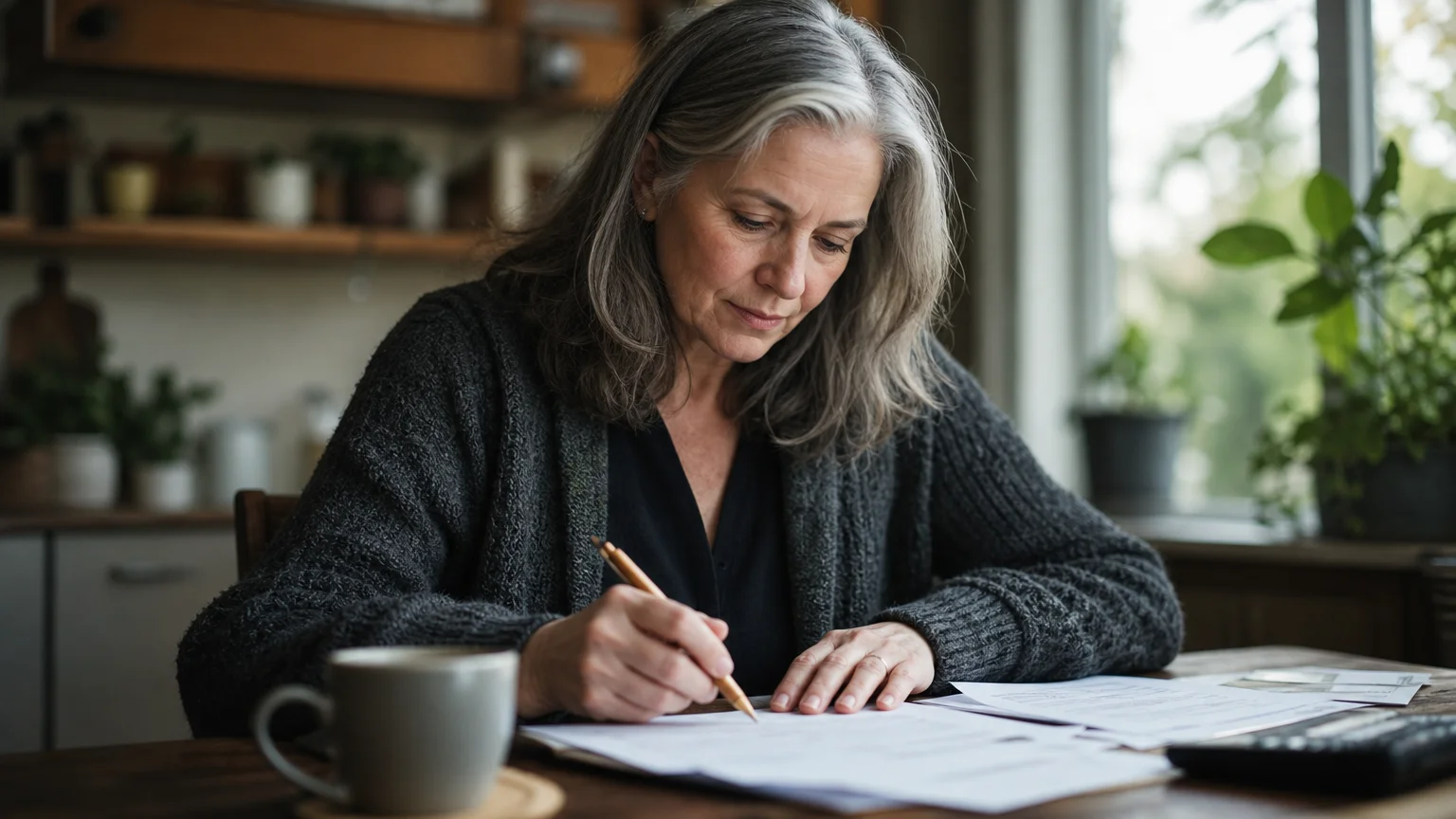 An older woman sits thoughtfully at a sunlit wooden kitchen table, reviewing financial documents and planning her retirement.