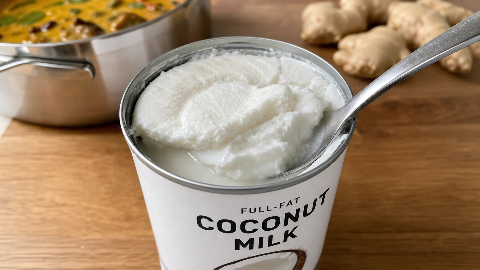An open can of full-fat coconut milk showing the thick layer of cream on top, ready for cooking.