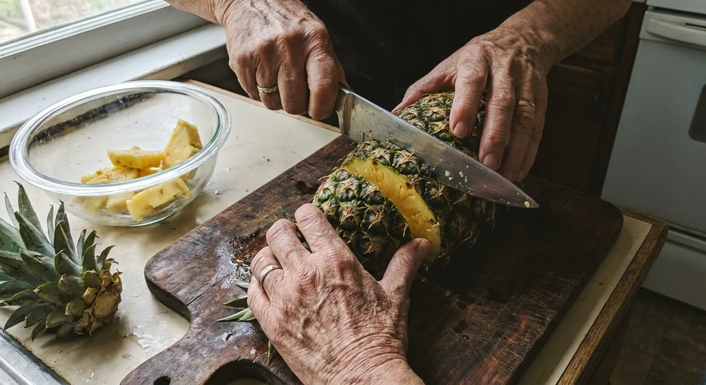 An overhead snapshot of a senior person's hands slicing a whole fresh pineapple on a wooden cutting board.
