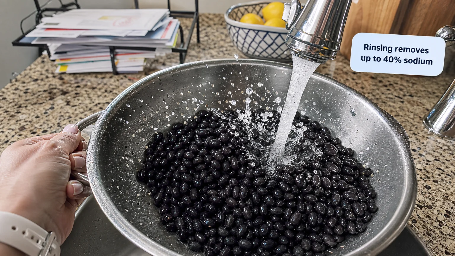 Black beans being rinsed in a metal colander under a kitchen faucet to reduce sodium content.