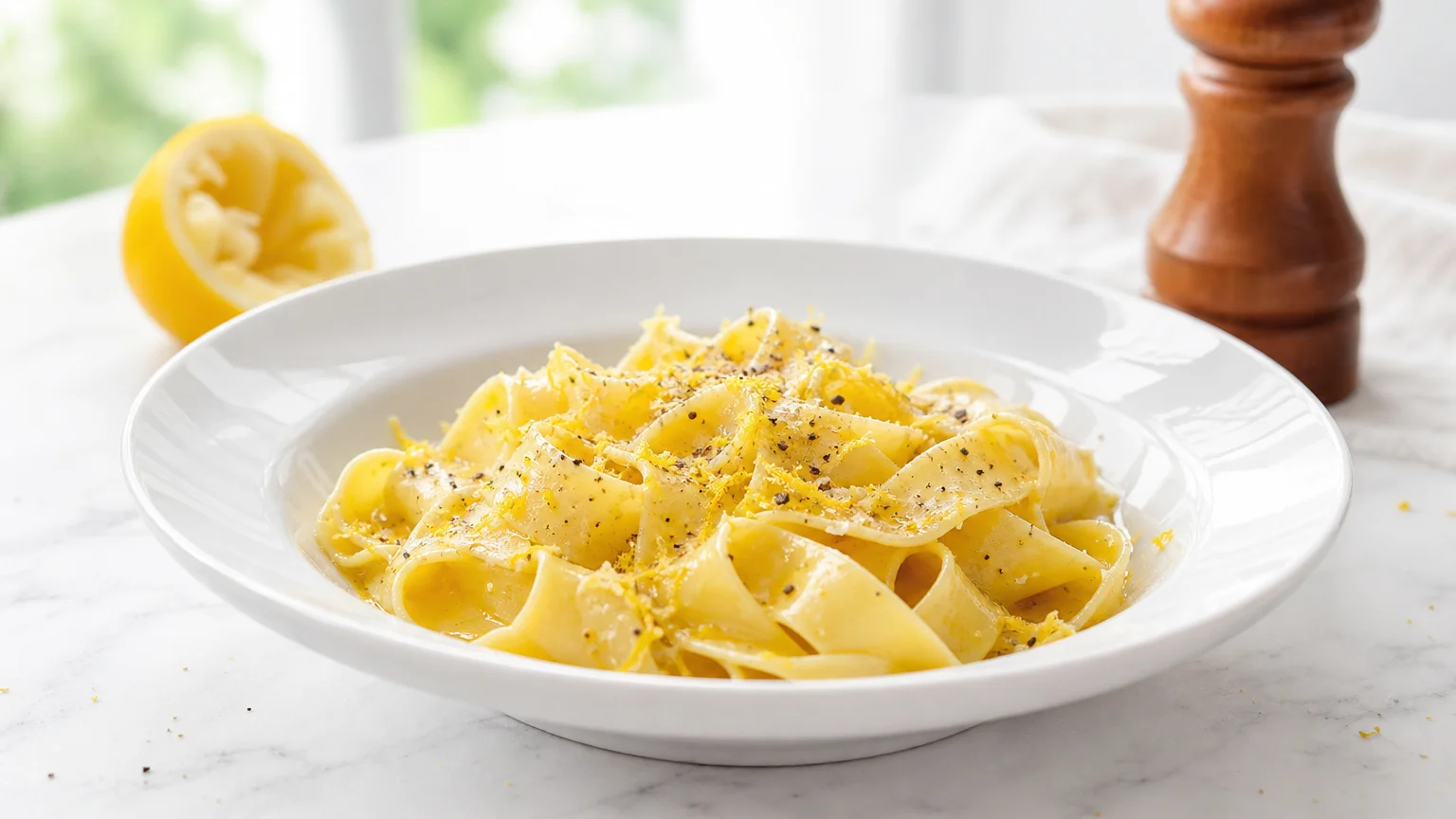 Bright, airy kitchen photograph of wide lemon pepper pappardelle pasta in a white bowl.