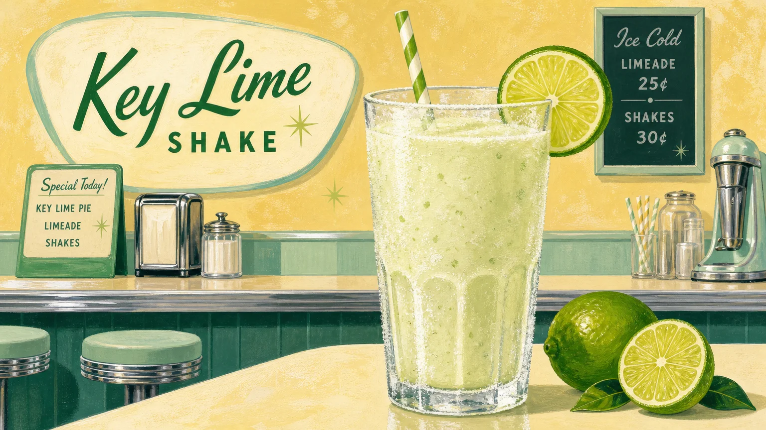 Bright gouache illustration of a creamy, pale green frosted key lime drink garnished with a lime wheel.