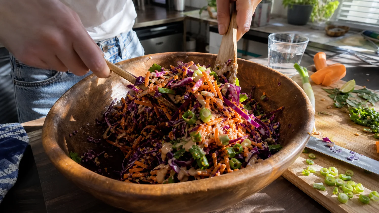 Candid photo of hands tossing a colorful cabbage and carrot slaw with peanut dressing.