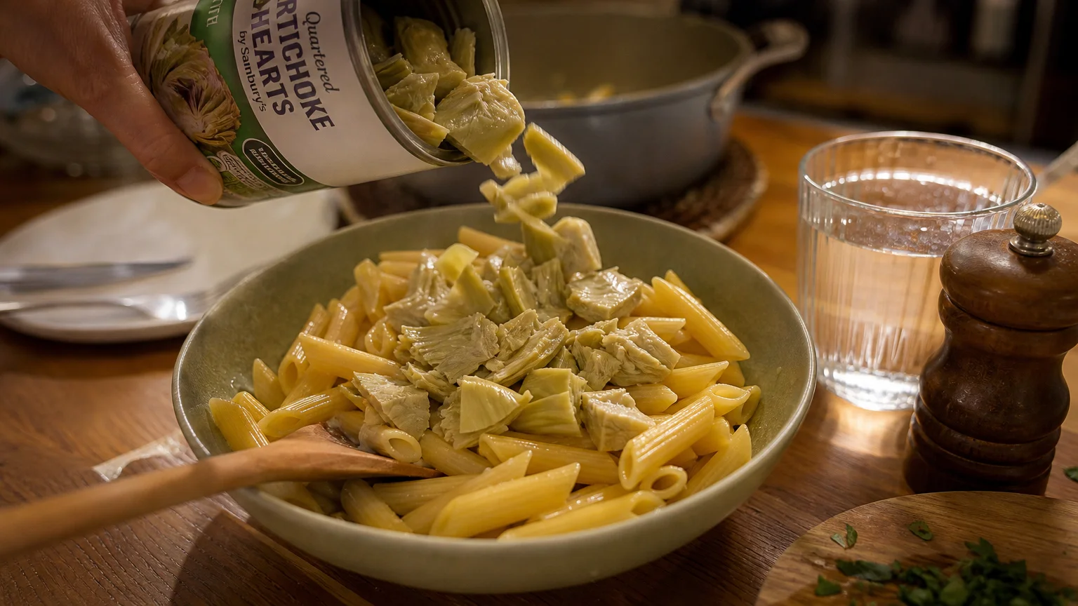 Canned artichoke hearts being added to a bowl of pasta for a quick and healthy weeknight dinner.