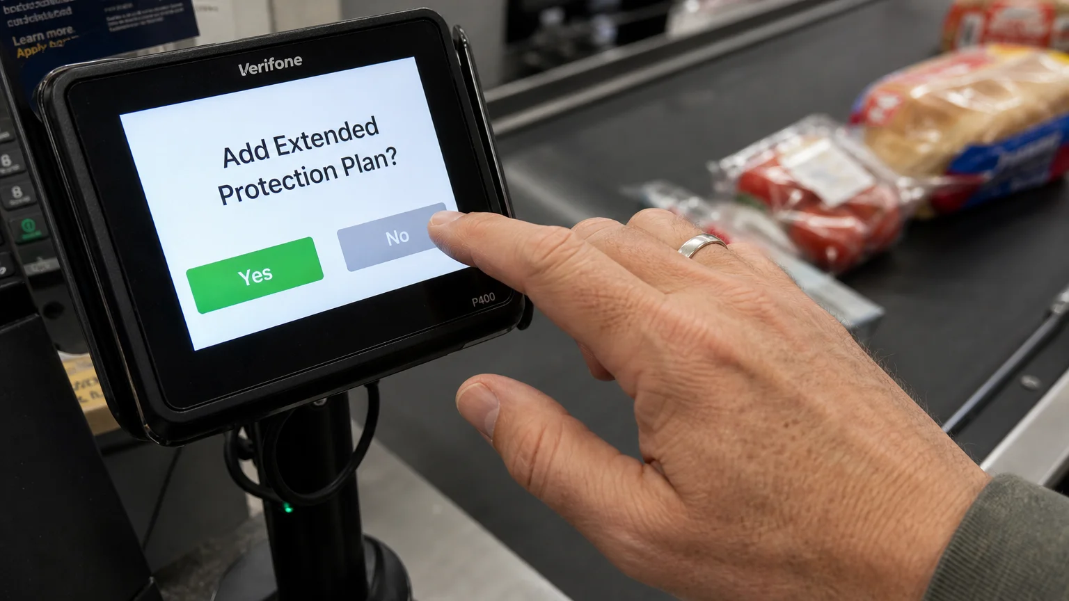 Close-up of a hand hovering over the No button on a store payment terminal screen asking to add an extended protection plan.