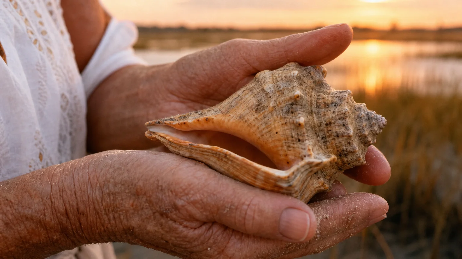 Close-up of a senior's hands holding a large knobbed whelk shell against a soft-focus background of Tybee Island salt marshes.