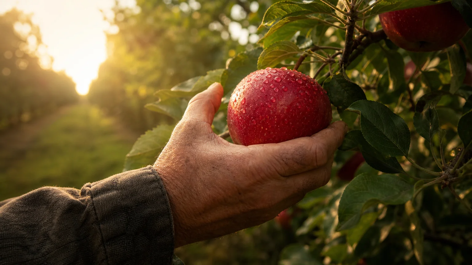 Close-up of a senior's hands picking a fresh red apple from a tree branch in Winchester, Virginia.