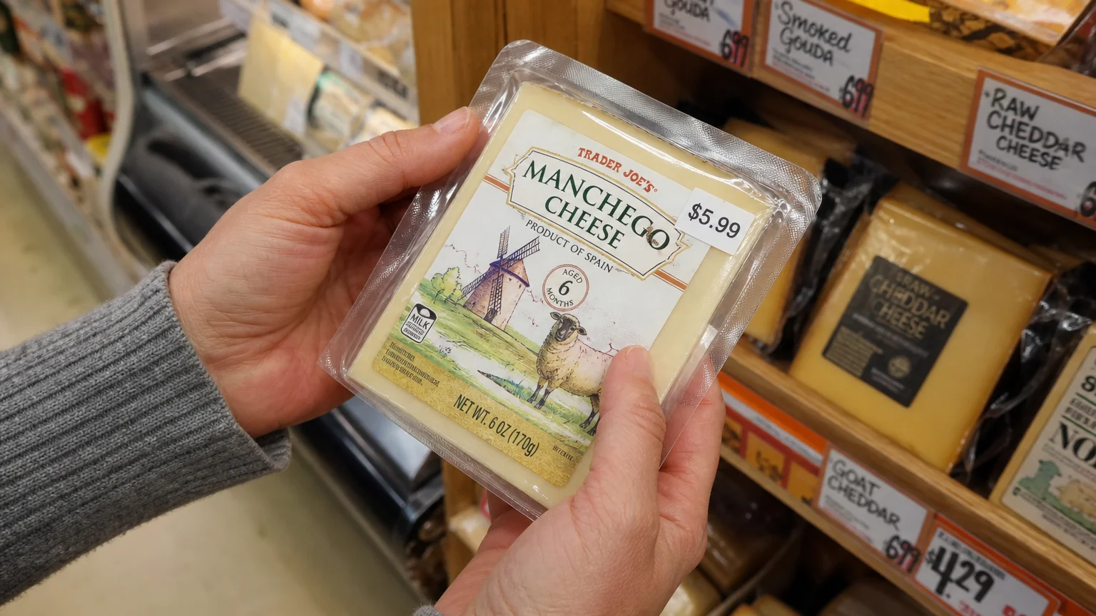 Close-up of a shopper's hands holding a block of Trader Joe's Manchego cheese.