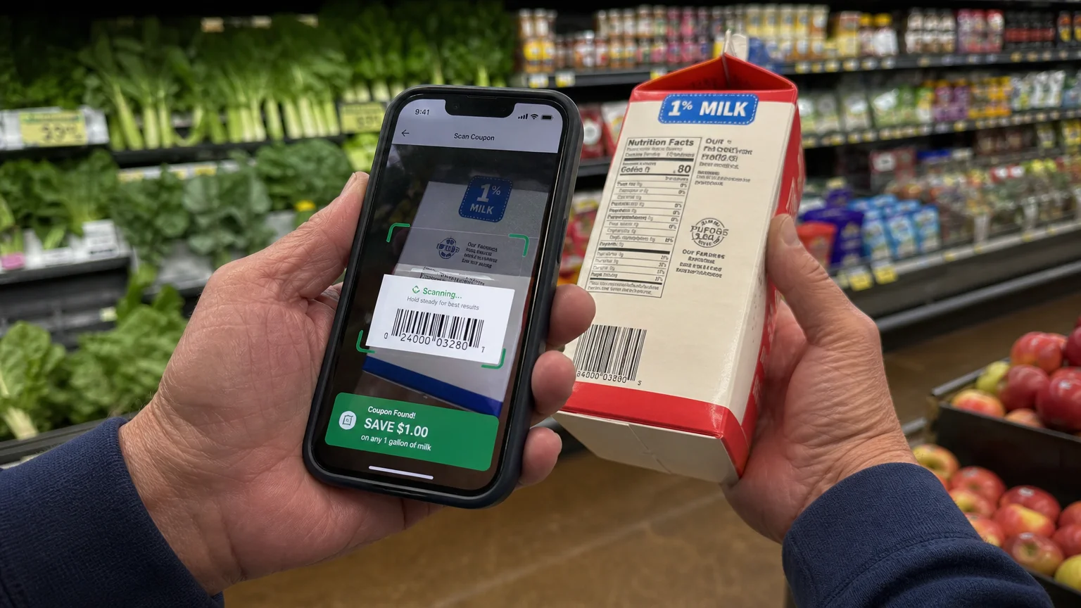 Close-up of an older adult's hands using a smartphone app to scan a grocery item's barcode in a supermarket aisle.