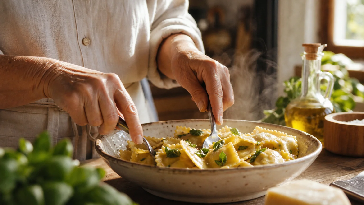 Close-up photograph of a person tossing fresh corn and burrata ravioli with basil in a ceramic bowl.