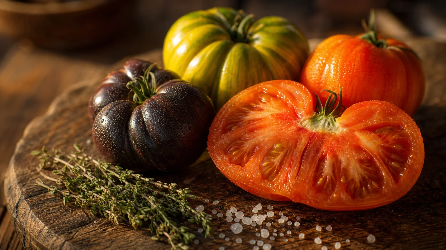 Detailed close-up photo of vibrant red, orange, and purple heirloom tomatoes on a wooden board.