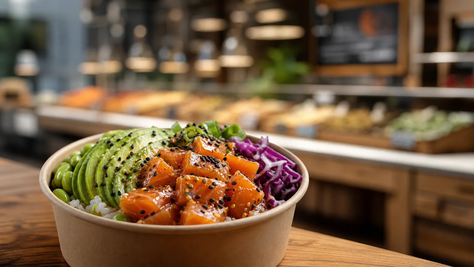 DSLR food photograph of a fresh, colorful poke bowl at a premium supermarket.