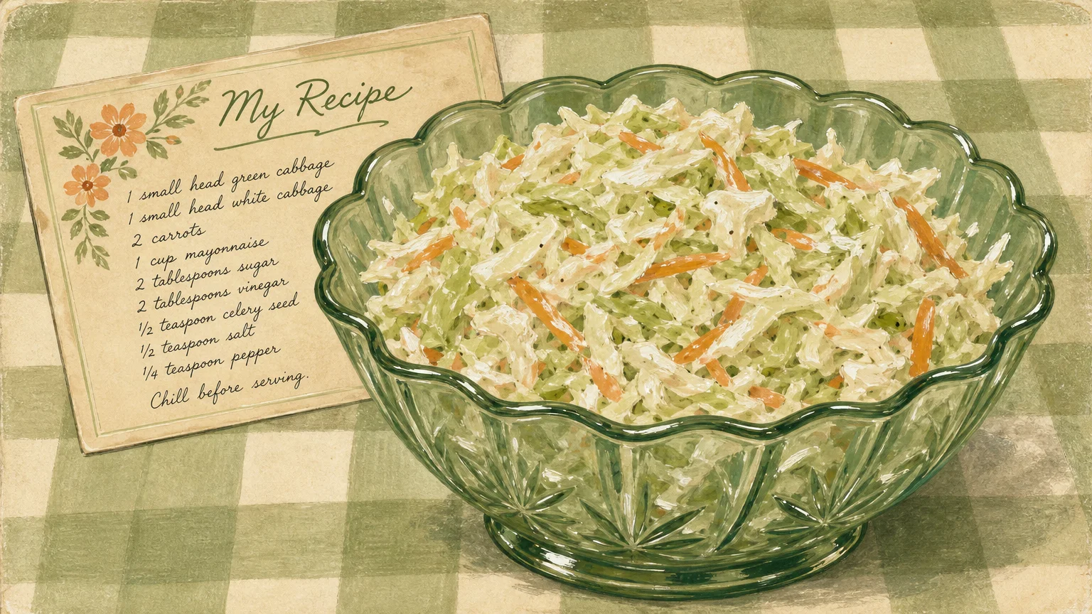 Gouache illustration of a bowl of creamy coleslaw next to a handwritten recipe card on a checkered tablecloth.