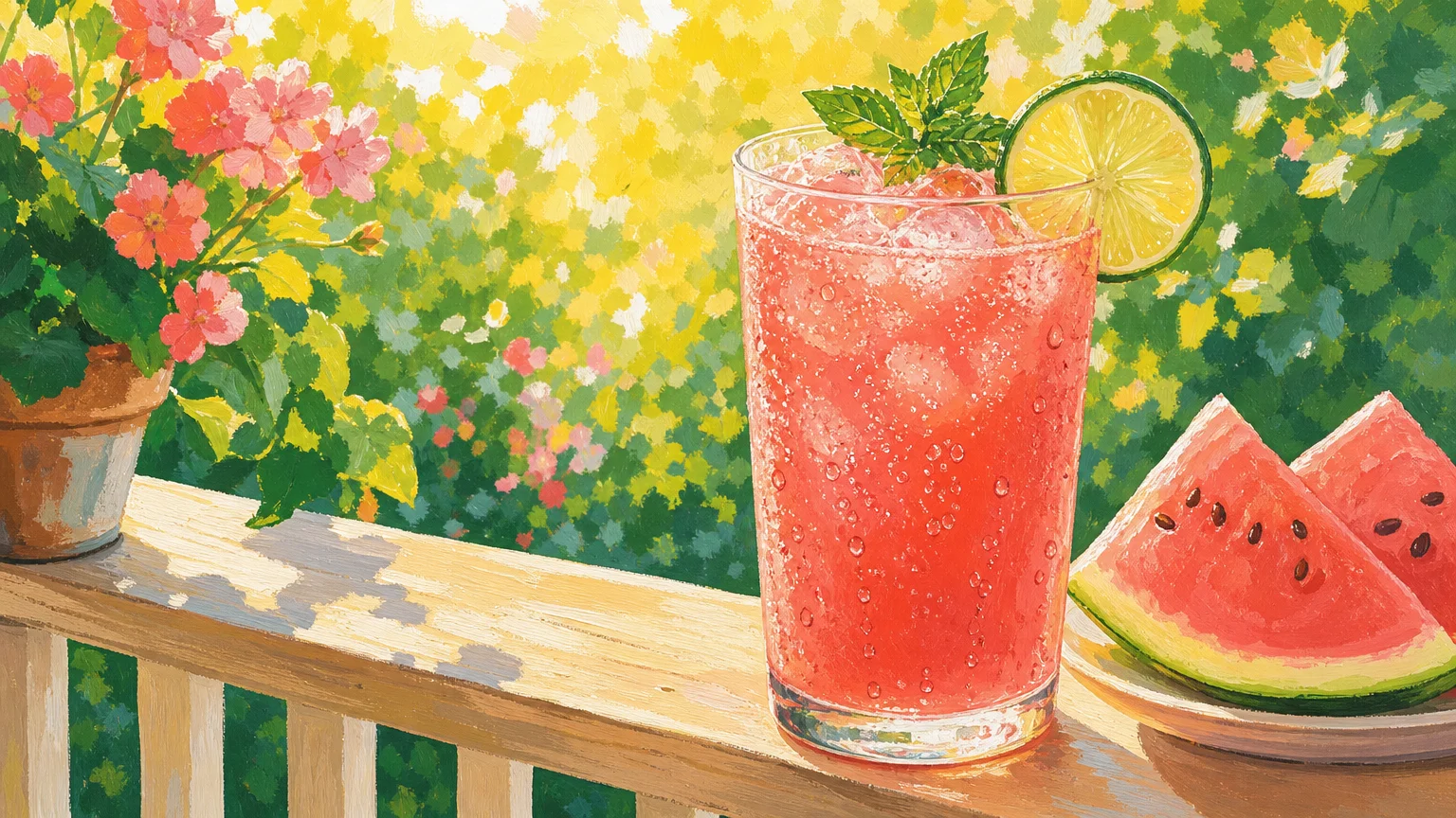 Gouache illustration of a tall, sweating glass of pink sparkling watermelon juice on a porch.