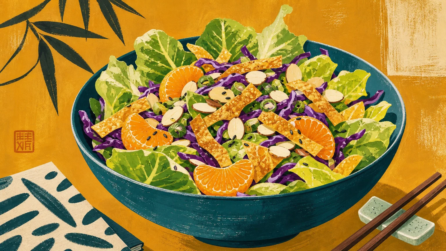 Graphic gouache illustration of a vibrant Asian salad with mandarin oranges, almonds, and wonton strips.