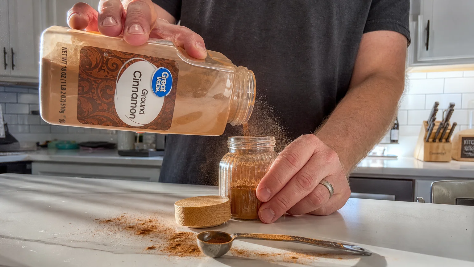 Hands pouring Great Value cinnamon from a large Walmart container into a small glass spice jar in a sunny kitchen.