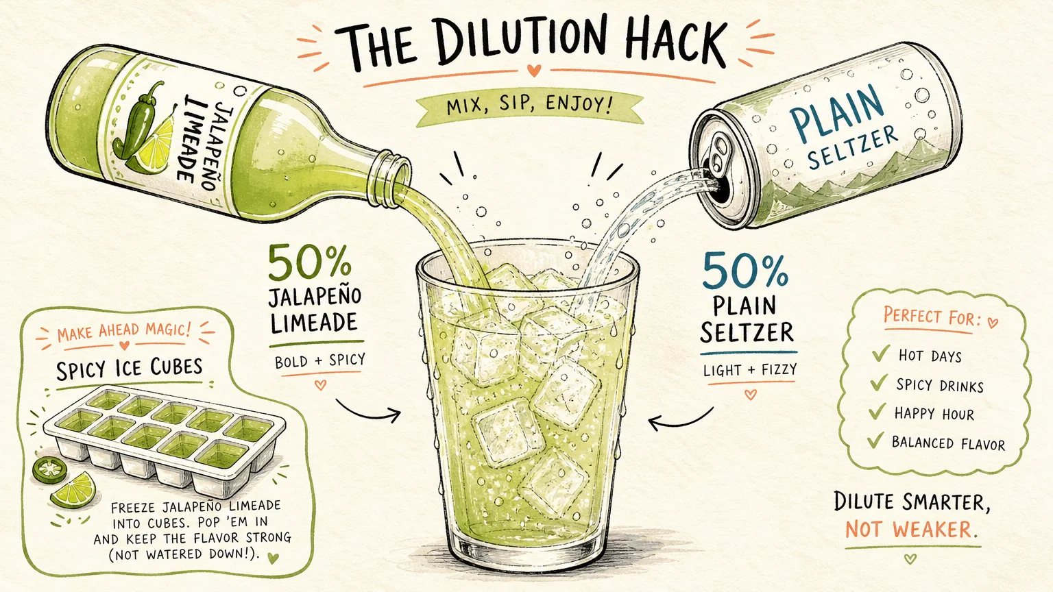 Illustrated step-by-step diagram showing how to dilute jalapeño limeade with seltzer water.