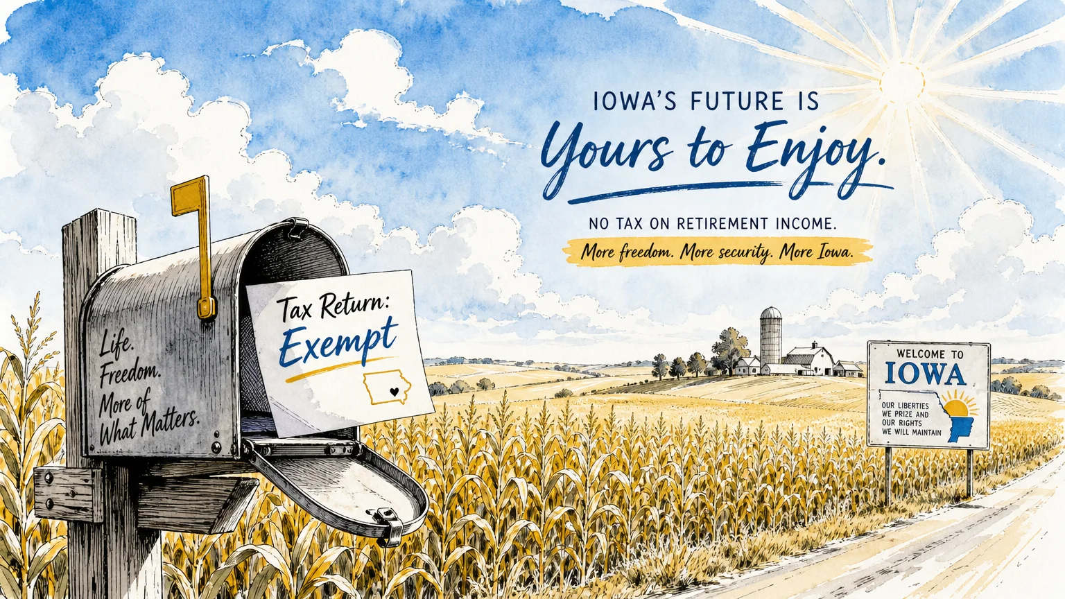 Illustration of an Iowa landscape with a mailbox containing a tax-exempt notice.