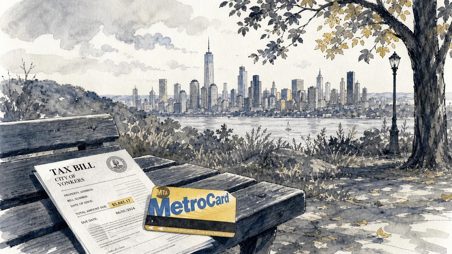 Illustration of the NYC skyline from the Hudson Valley, with a tax bill and transit pass in the foreground.