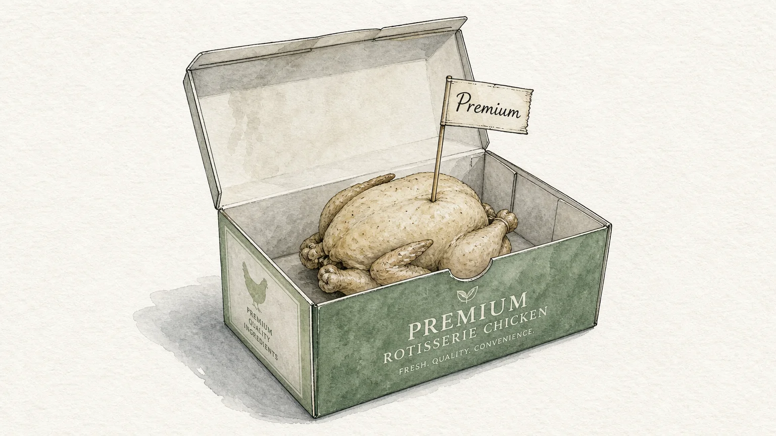 Ink and watercolor illustration of a pale, small chicken in a cardboard box with a flag that reads 'Premium'.