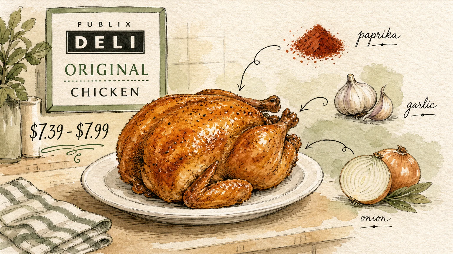 Ink and watercolor illustration of a roasted chicken on a platter with garlic, onion, and paprika seasoning sketches, labeled $7.39 - $7.99.