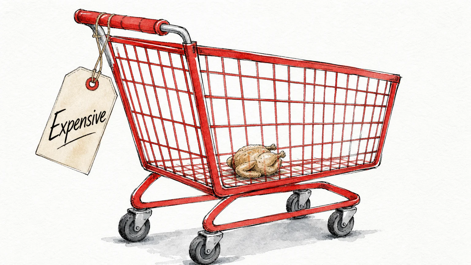 Ink and watercolor illustration of a tiny chicken sitting in a giant red shopping cart with an 'Expensive' tag.