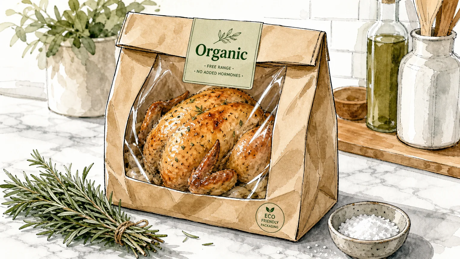 Ink and watercolor illustration of an organic rotisserie chicken in a paper bag with a green organic label on a marble counter.