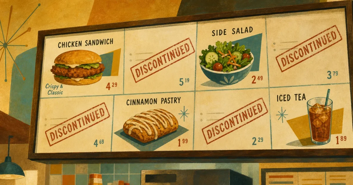 Retro illustration of a fast-food menu board with several items marked as discontinued, in warm mid-century gouache style.